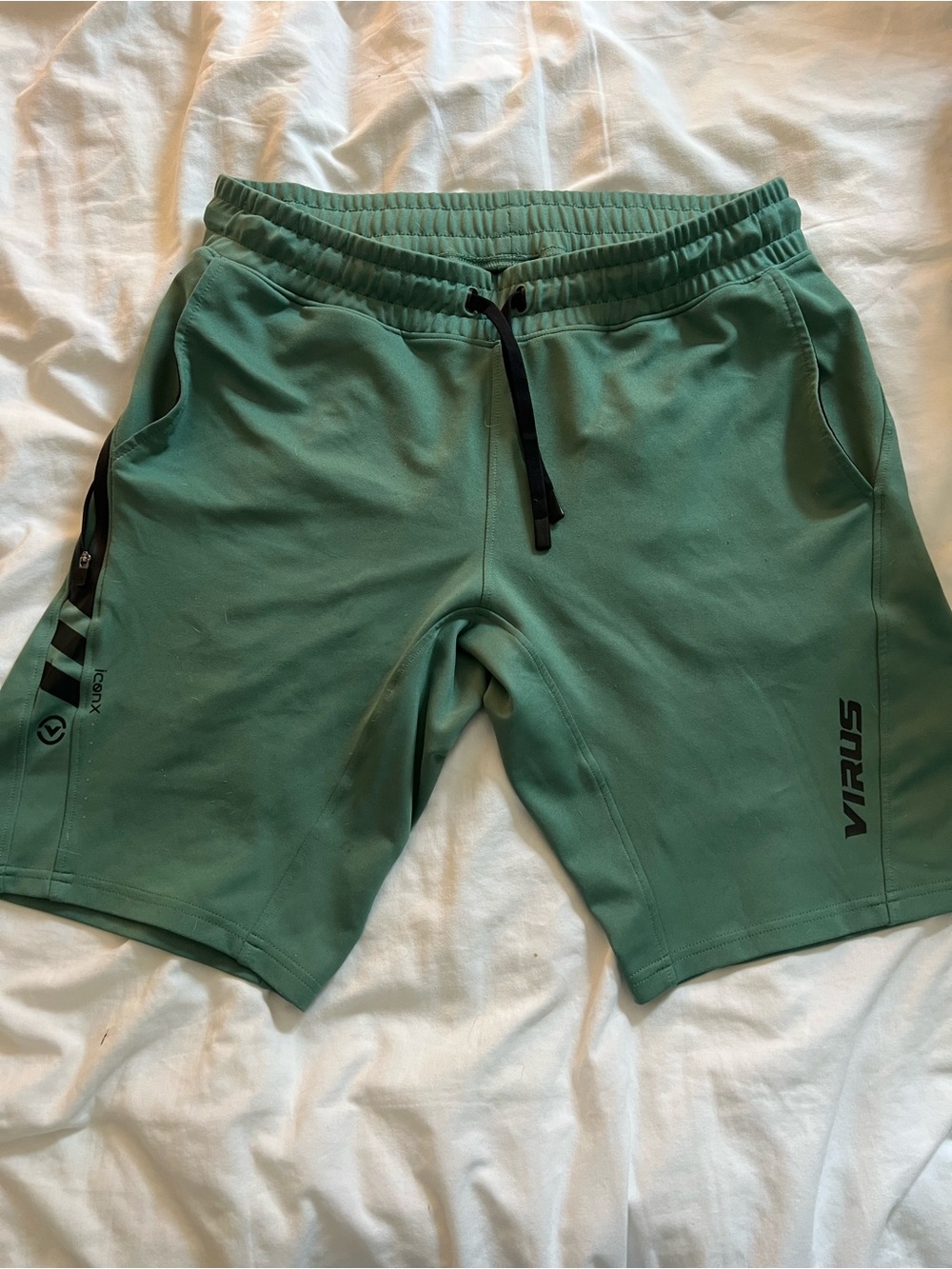 Virus Men’s Athletic Shorts in Sage Green with Black Accents